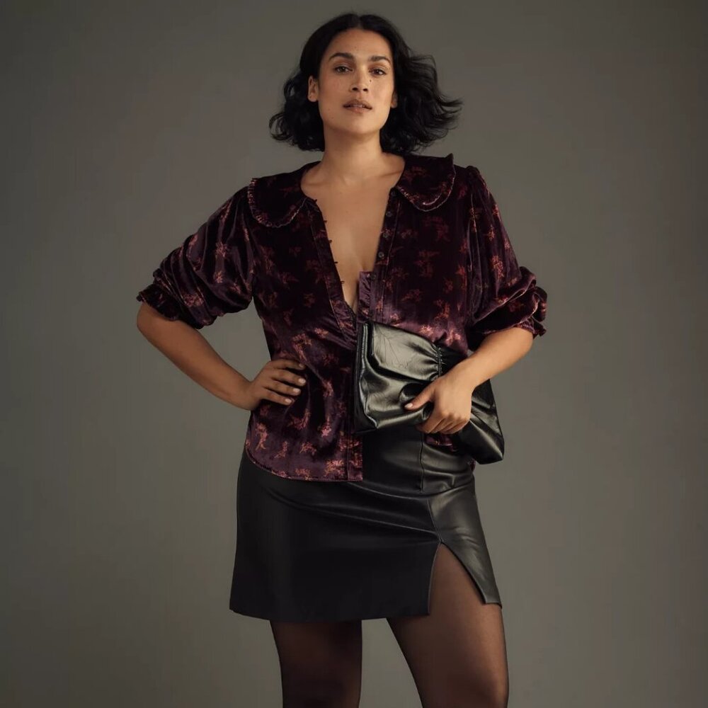 Anthropologie Velvet Floral Blouse in Deep Plum and Black